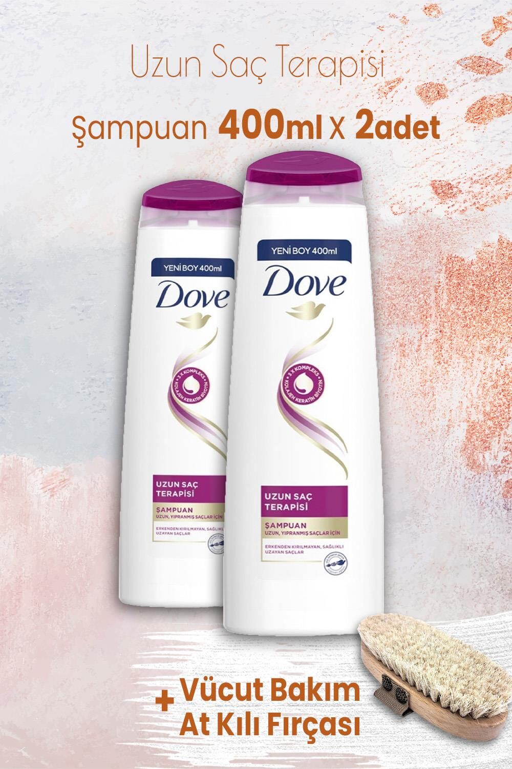 Dove Şampuan Uzun Saç Terapisi 400 ml x 2 Adet ve Vücut Bakım At Kılı Fırçası