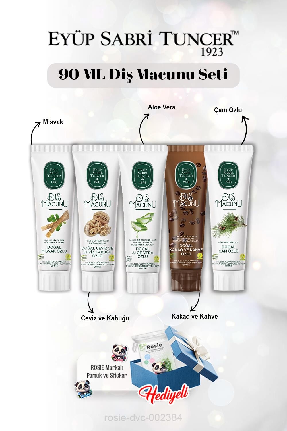 Aloe Vera, Misvak, Ceviz ve Kabuğu, Kakao, Çam Özlü 90 ml Diş Macun Seti ve Rosie