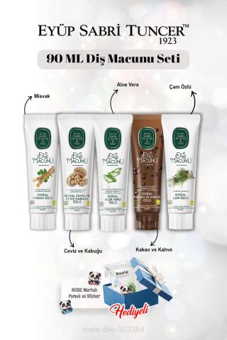 Aloe Vera, Misvak, Ceviz ve Kabuğu, Kakao, Çam Özlü 90 ml Diş Macun Seti ve Rosie