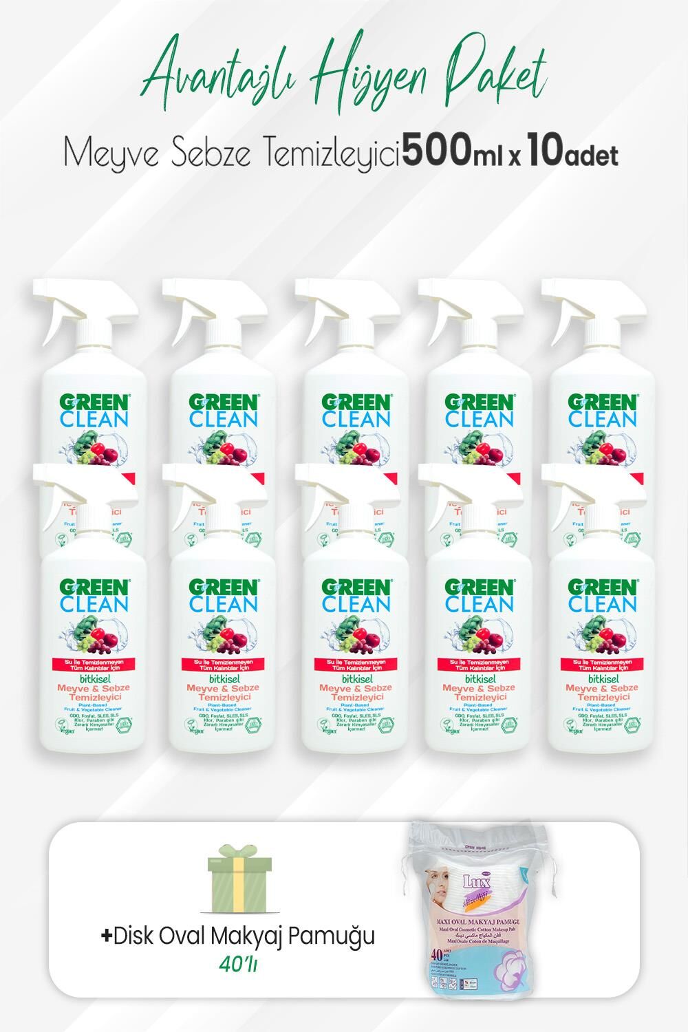 Green Clean 10'lu Bitkisel Meyve Sebze Temizleyici 500 ml ve Disk Oval Pamuk 40'lı