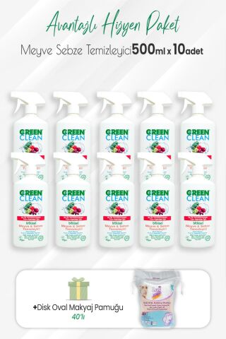 Green Clean 10'lu Bitkisel Meyve Sebze Temizleyici 500 ml ve Disk Oval Pamuk 40'lı