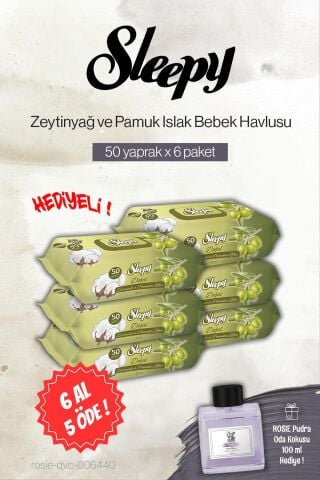 Sleepy 50'li Zeytinyağ ve Pamuklu Bebe Islak Havlu 6 AL 5 ÖDE, Rosie Pudra Oda Kokusu