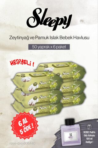 Sleepy 50'li Zeytinyağ ve Pamuklu Bebe Islak Havlu 6 AL 5 ÖDE, Rosie Pudra Oda Kokusu