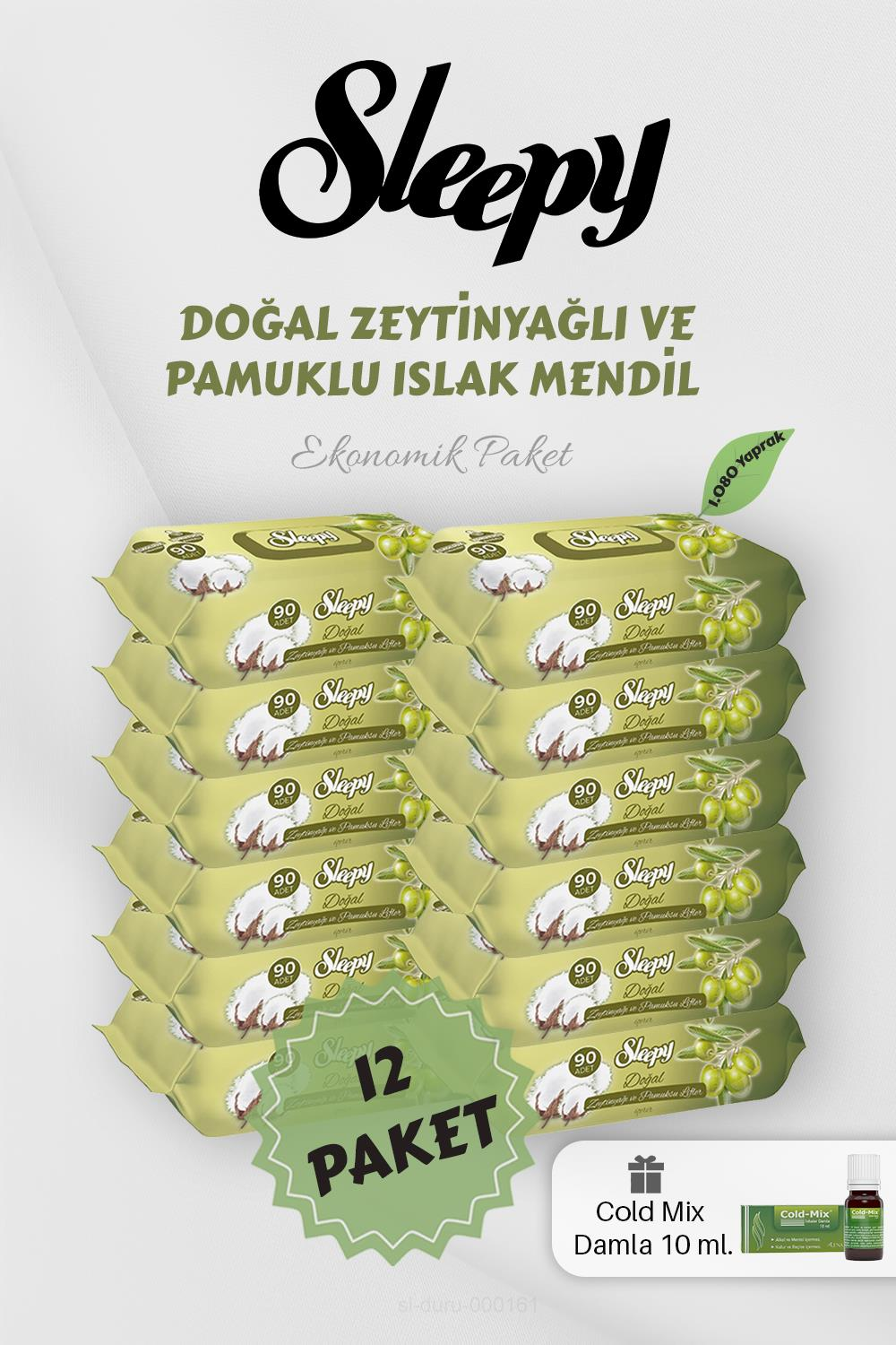 Zeytinyağlı Bebek Mendili 90'lı 12 Paket Yeşil Cold Mix Hediyeli