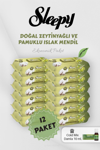 Zeytinyağlı Bebek Mendili 90'lı 12 Paket Yeşil Cold Mix Hediyeli