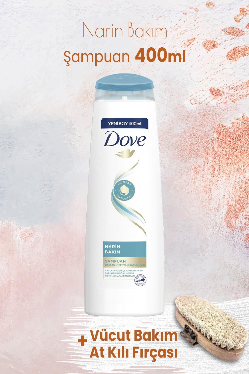 Dove Şampuan Narin Bakım 400 ml ve Vücut Bakım At Kılı Fırçası