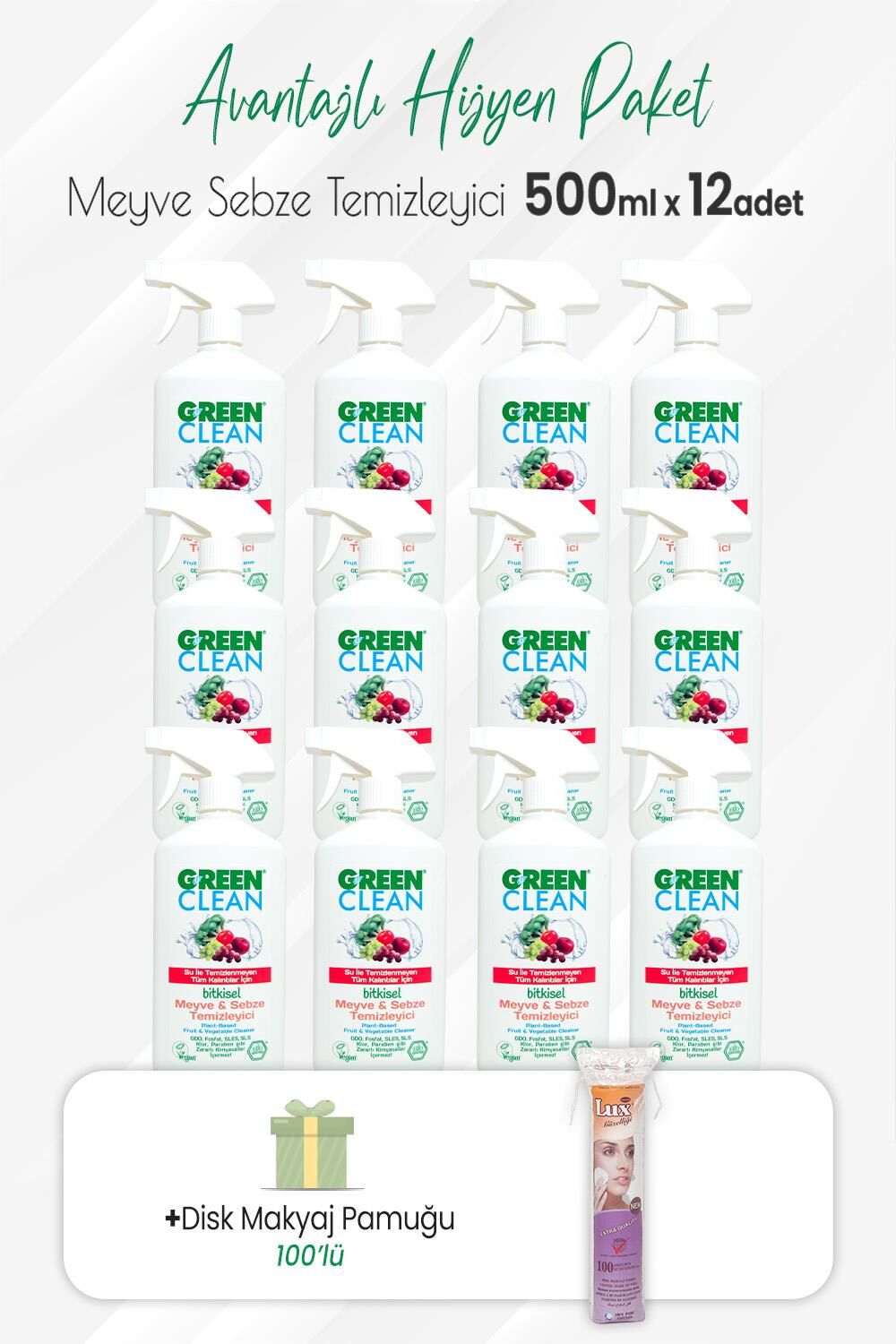 Green Clean 12'li Bitkisel Meyve Sebze Temizleyici 500 ml ve Disk Pamuk 100'lü