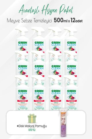 Green Clean 12'li Bitkisel Meyve Sebze Temizleyici 500 ml ve Disk Pamuk 100'lü