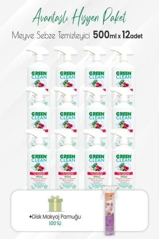 Green Clean 12'li Bitkisel Meyve Sebze Temizleyici 500 ml ve Disk Pamuk 100'lü