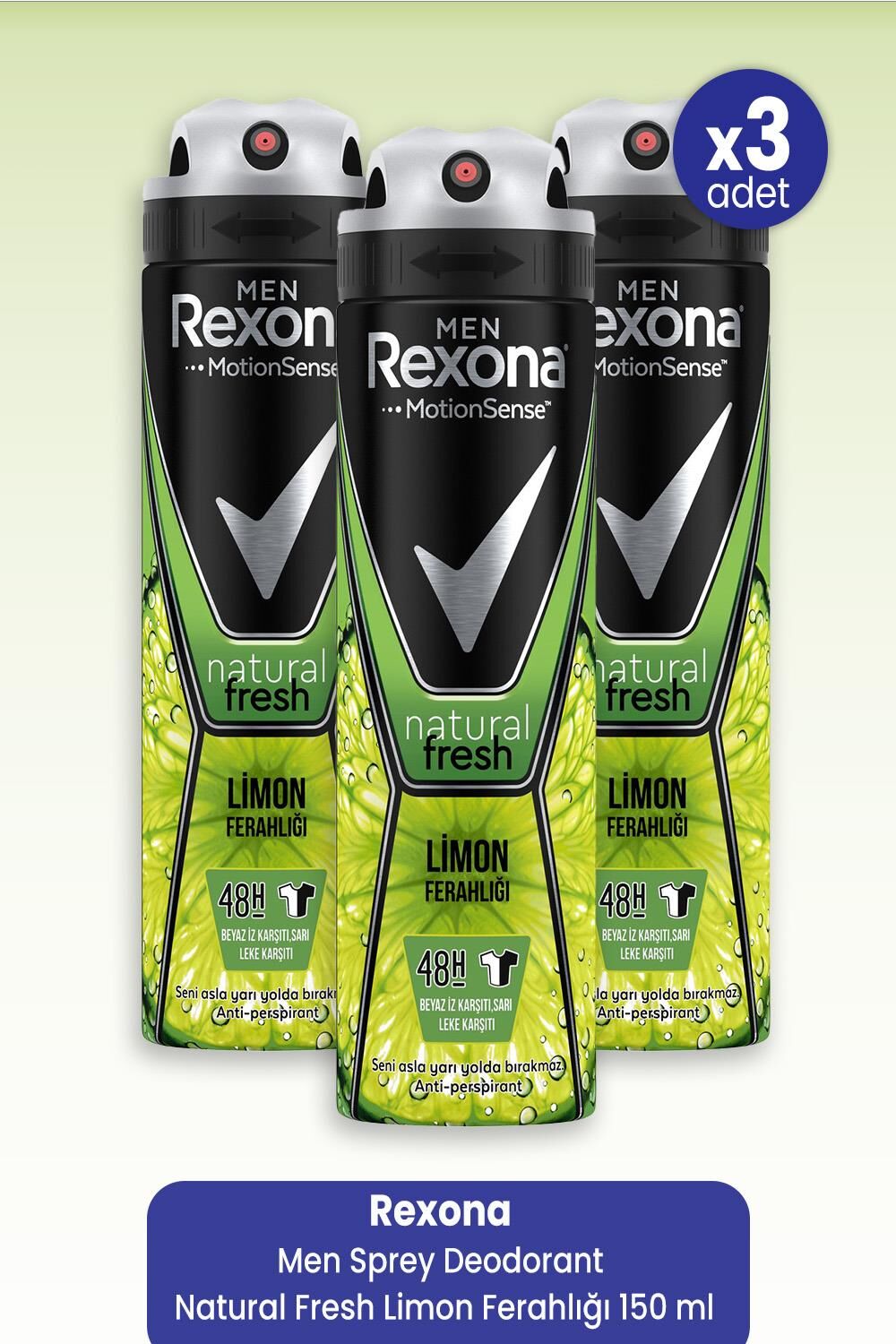 Rexona Men Sprey Deodorant Natural Fresh Limon Ferahlığı 150 ml x 3 Adet