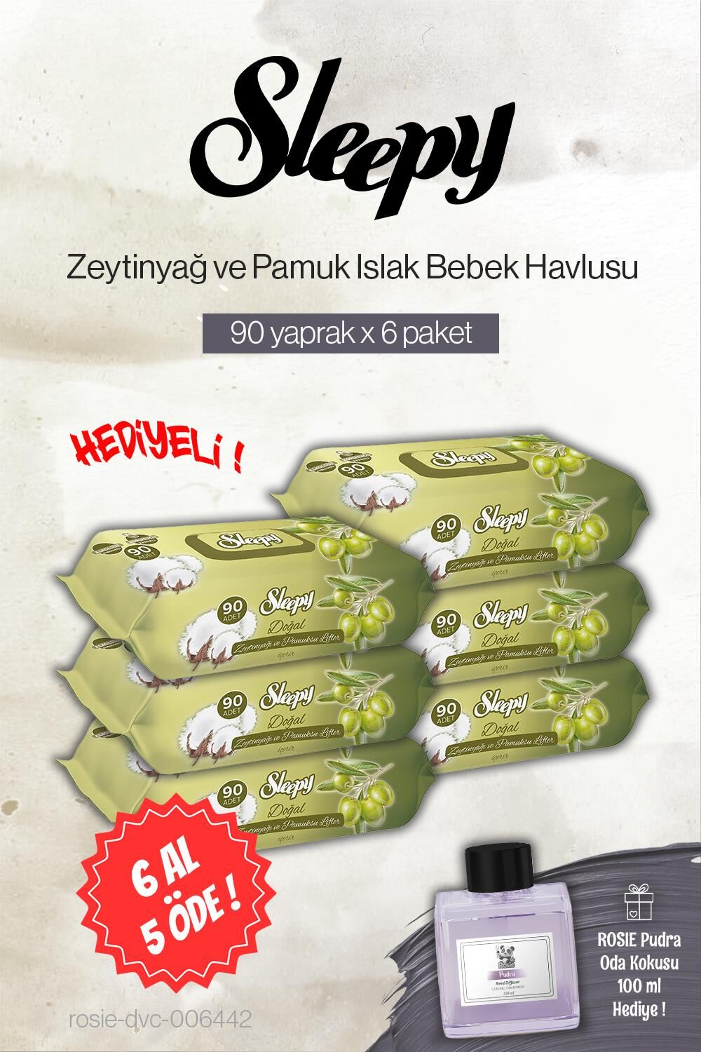 Sleepy 90'lı 6 AL 5 ÖDE Zeytinyağ ve Pamuklu Bebe Islak Havlu, Rosie Pudra Oda Kokusu