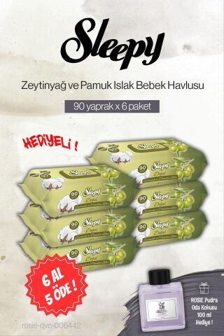 Sleepy 90'lı 6 AL 5 ÖDE Zeytinyağ ve Pamuklu Bebe Islak Havlu, Rosie Pudra Oda Kokusu