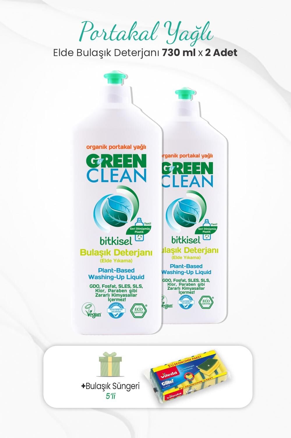 Green Clean 2'li Elde Bulaşık Deterjanı Portakal Yağlı 730 ml ve Bulaşık Süngeri