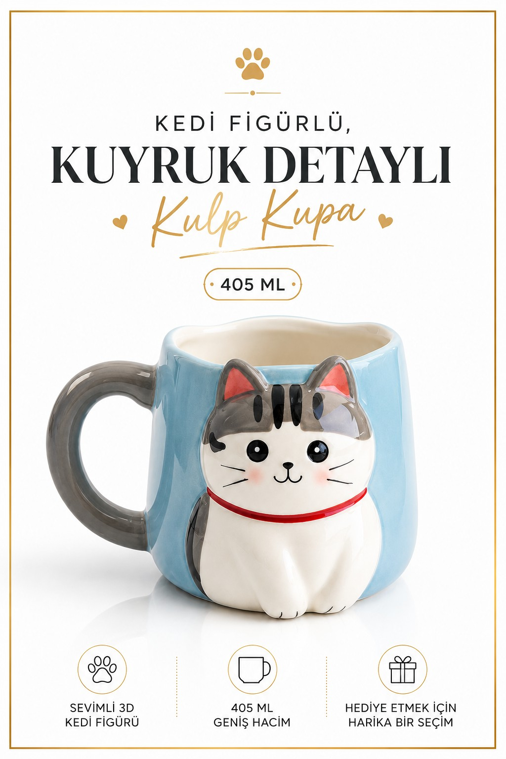 Kuyruk Detaylı Kulp, Açık Mavi 3D Kedi Figürlü Kupa 405 ml