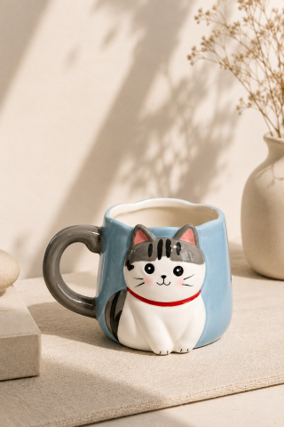 Kuyruk Detaylı Kulp, Açık Mavi 3D Kedi Figürlü Kupa 405 ml