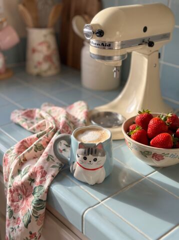 Kuyruk Detaylı Kulp, Açık Mavi 3D Kedi Figürlü Kupa 405 ml