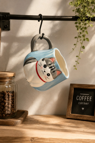 Kuyruk Detaylı Kulp, Açık Mavi 3D Kedi Figürlü Kupa 405 ml