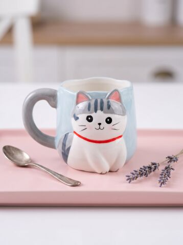 Kuyruk Detaylı Kulp, Açık Mavi 3D Kedi Figürlü Kupa 405 ml