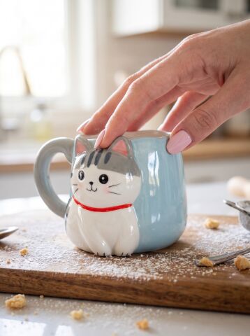 Kuyruk Detaylı Kulp, Açık Mavi 3D Kedi Figürlü Kupa 405 ml