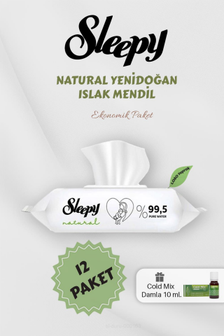 Natural Yenidoğan 90' lı Islak Mendil 12 Paket Yeşil Cold Mix Hediyeli