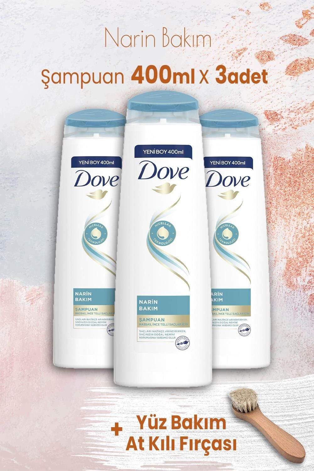 Dove Şampuan Narin Bakım 400 ml x 3 Adet ve Yüz Bakım At Kılı Fırçası