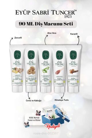 Zencefil, Karanfil, Himalaya, Aloe Vera, Ceviz ve Kabuğu 90 ml Diş Macun Seti ve Rosie