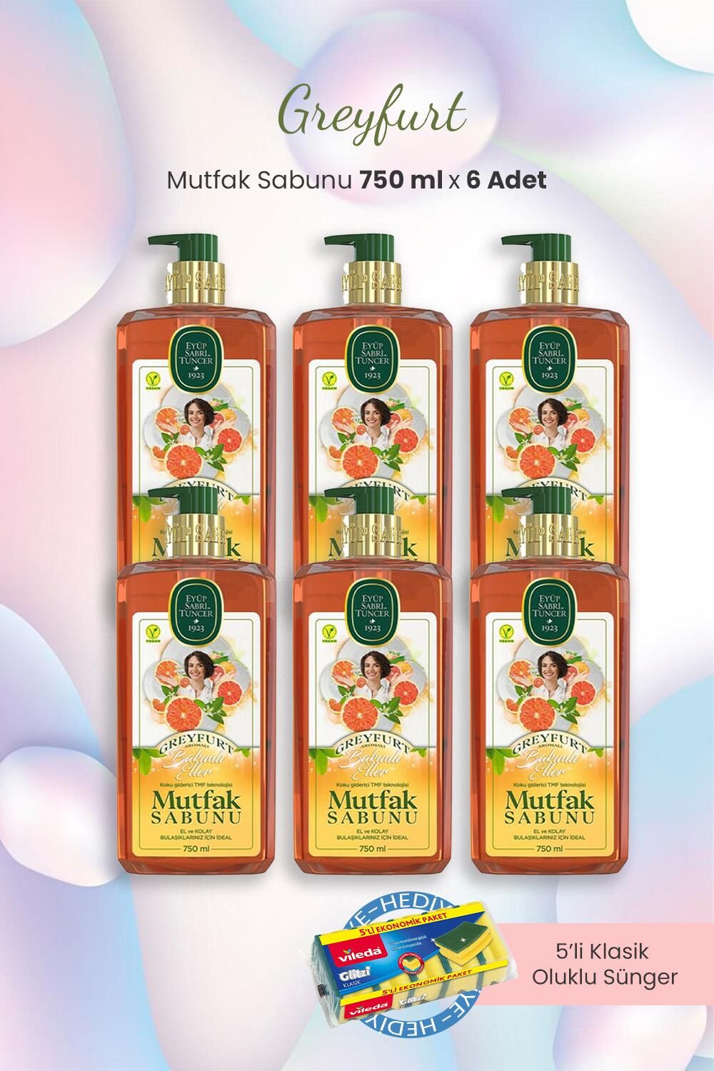 Eyüp Sabri Tuncer Greyfurt Mutfak Sabunu 750 ml x 6 Adet ve Oluklu Sünger