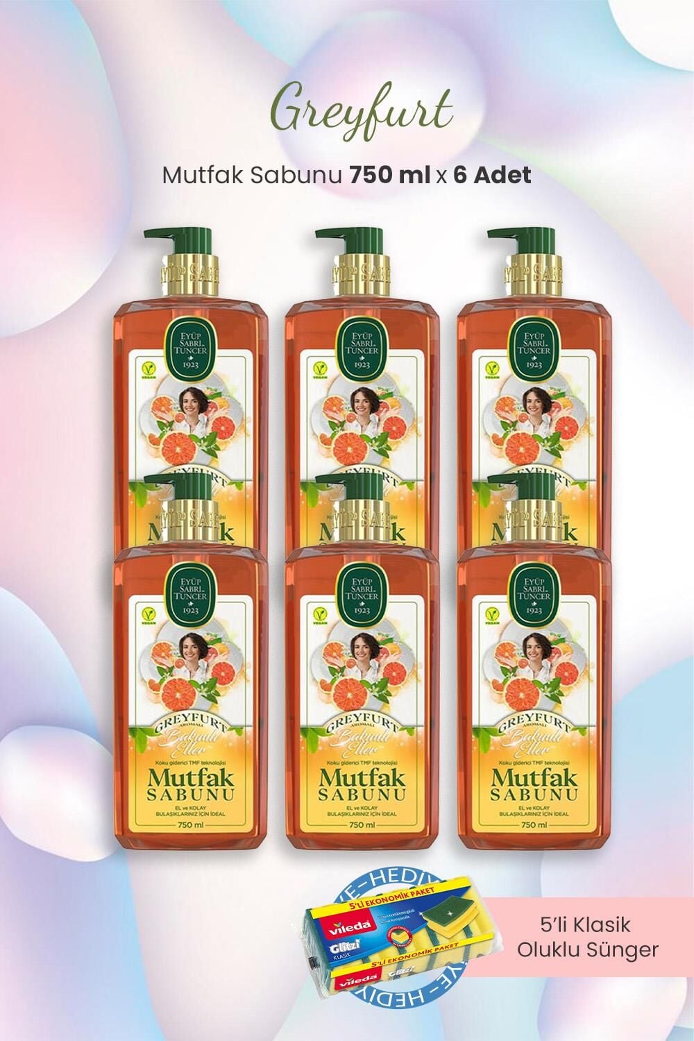 Eyüp Sabri Tuncer Greyfurt Mutfak Sabunu 750 ml x 6 Adet ve Oluklu Sünger