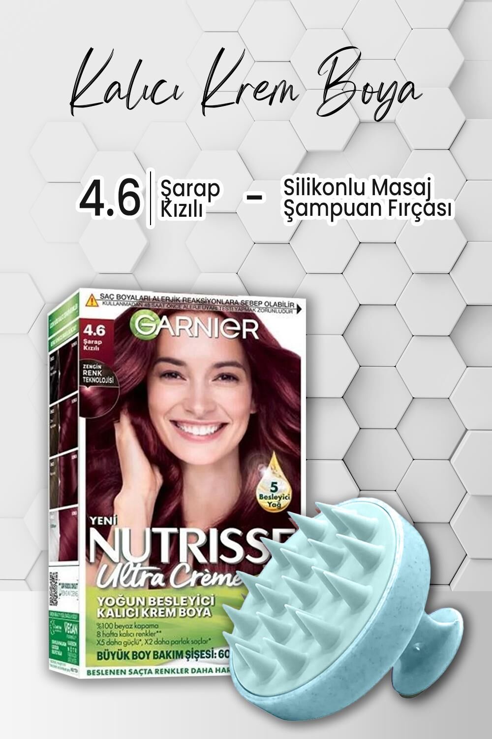 Garnier Nutrisse Besleyici Krem Saç Boyası 4.6 Şarap Kızılı ve Şampuan Fırçası Mavi