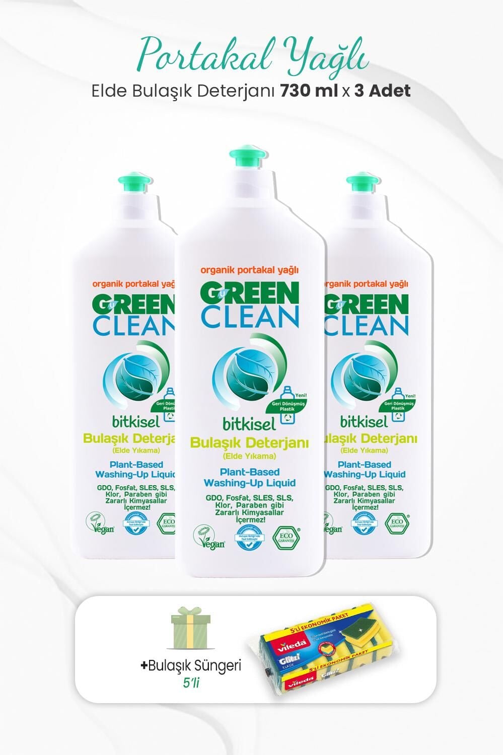 Green Clean 3'lü Elde Bulaşık Deterjanı Portakal Yağlı 730 ml ve Bulaşık Süngeri