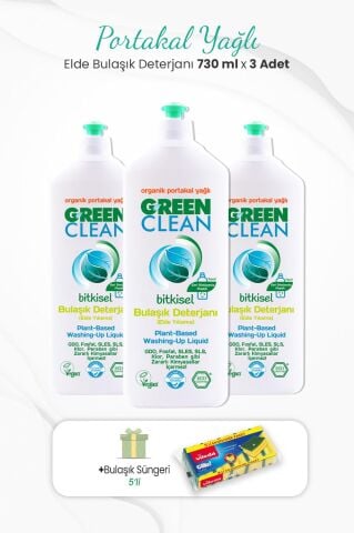 Green Clean 3'lü Elde Bulaşık Deterjanı Portakal Yağlı 730 ml ve Bulaşık Süngeri