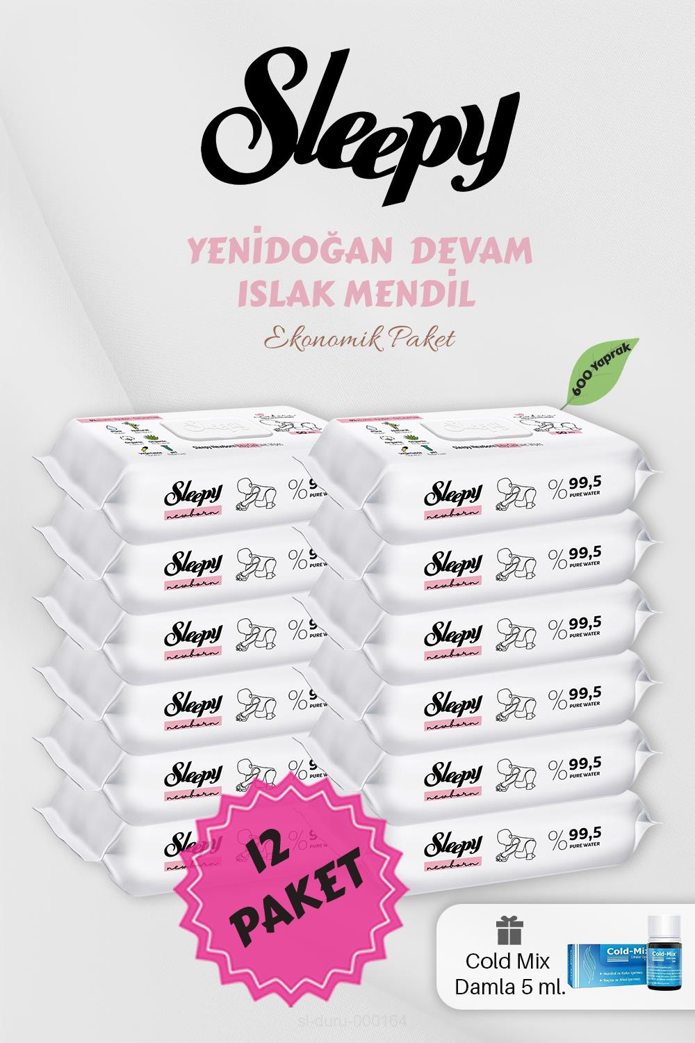 50' li Yenidoğan Islak Mendil 12 Paket, Mavi Cold Mix Hediyeli