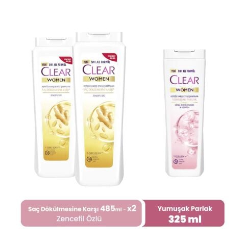 Clear Women Şampuan Zencefil Özlü 485 ml x 2 ve Yumuşak Parlak 325 ml