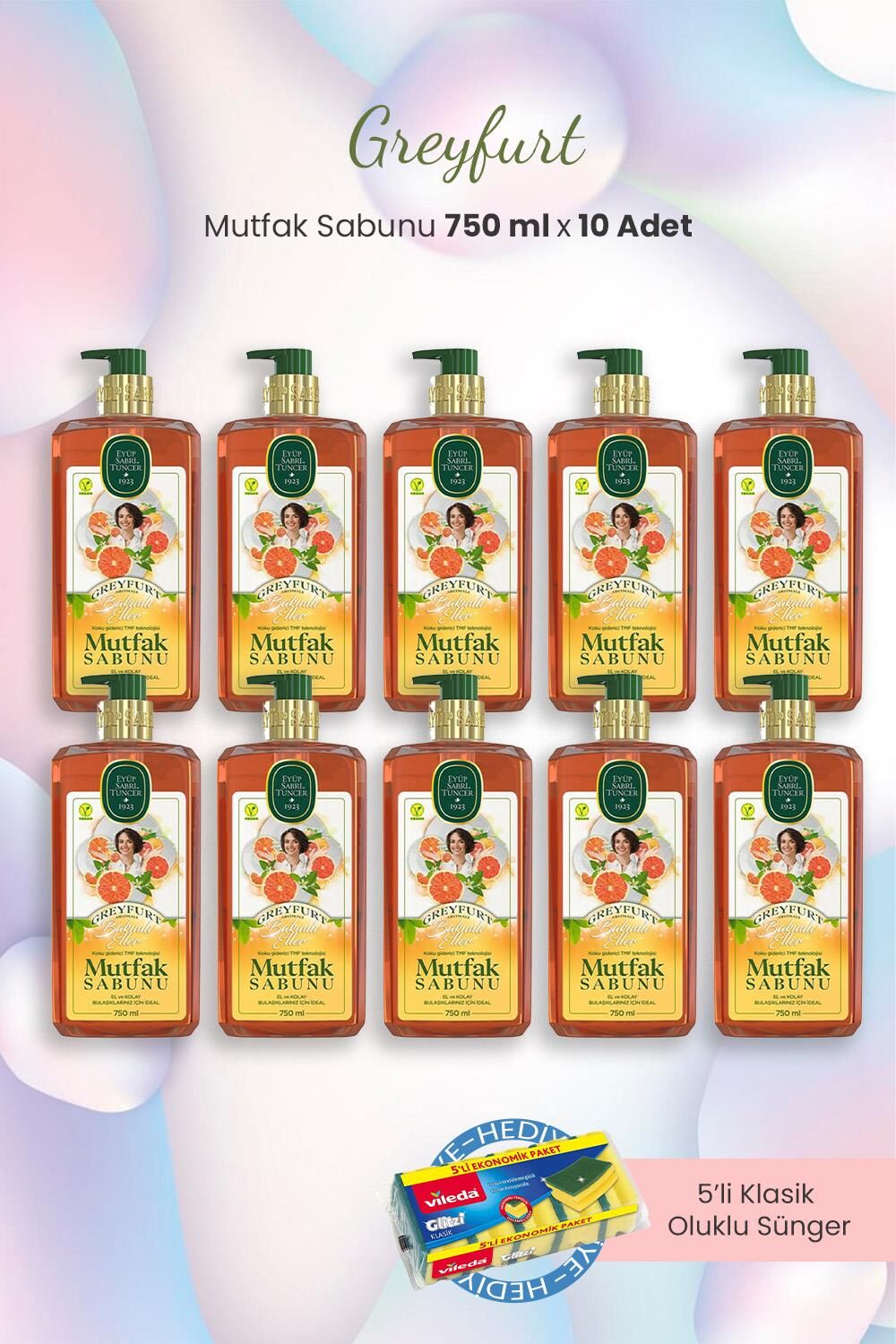 Eyüp Sabri Tuncer Greyfurt Mutfak Sabunu 750 ml x 10 Adet ve Bulaşık Süngeri