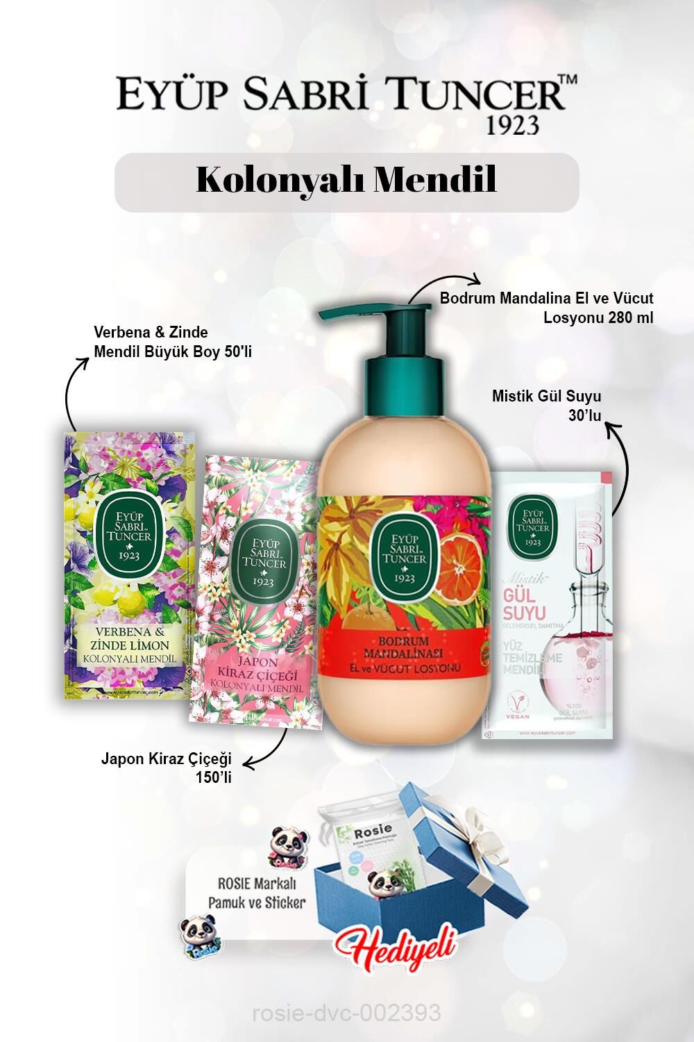 Bodrum Mandalina Losyon 280 ml, Gül suyu 30'lu, Verbena & Zinde 50'li, Japon Kiraz Çiçeği 150'li ve Rosie
