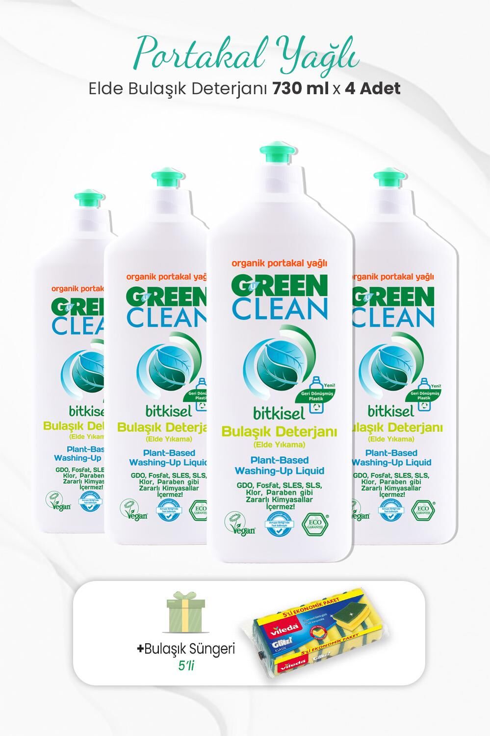 Green Clean 4'lü Elde Bulaşık Deterjanı Portakal Yağlı 730 ml ve Bulaşık Süngeri