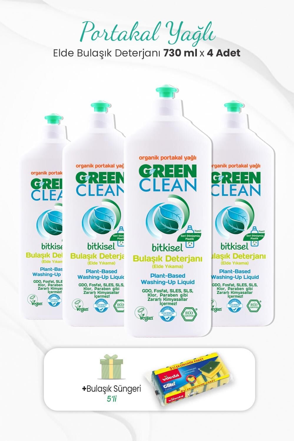 Green Clean 4'lü Elde Bulaşık Deterjanı Portakal Yağlı 730 ml ve Bulaşık Süngeri