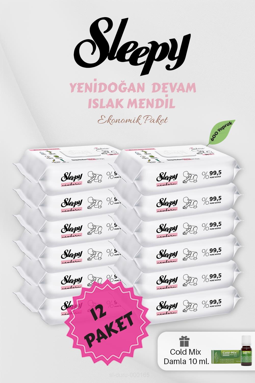 50' li Yenidoğan Islak Mendil 12 Paket, Yeşil Cold Mix Hediyeli