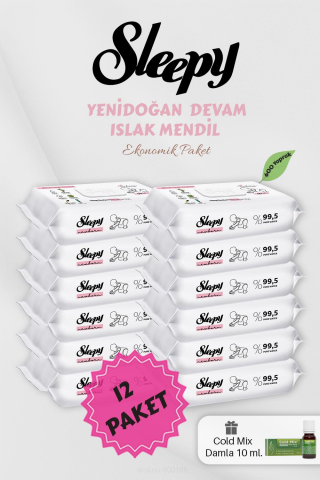 50' li Yenidoğan Islak Mendil 12 Paket, Yeşil Cold Mix Hediyeli