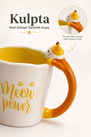Turuncu Kedi Detaylı Kulp Beyaz Renk Yazılı Kupa 435 ml