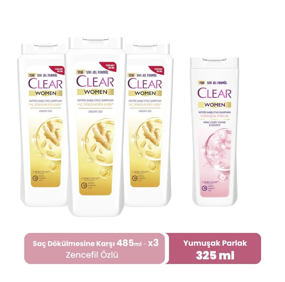 Clear Women Şampuan Zencefil Özlü 485 ml x 3 ve Yumuşak Parlak 325 ml