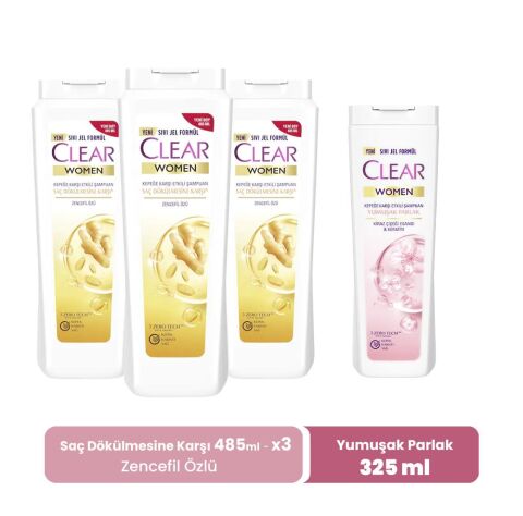 Clear Women Şampuan Zencefil Özlü 485 ml x 3 ve Yumuşak Parlak 325 ml
