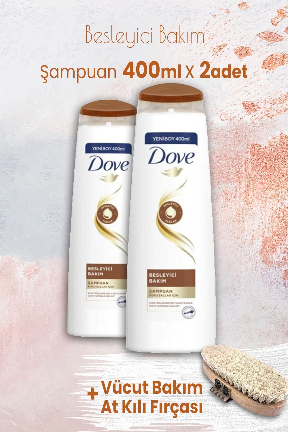 Dove Şampuan Besleyici Bakım 400 ml x 2 Adet ve Vücut Bakım At Kılı Fırçası