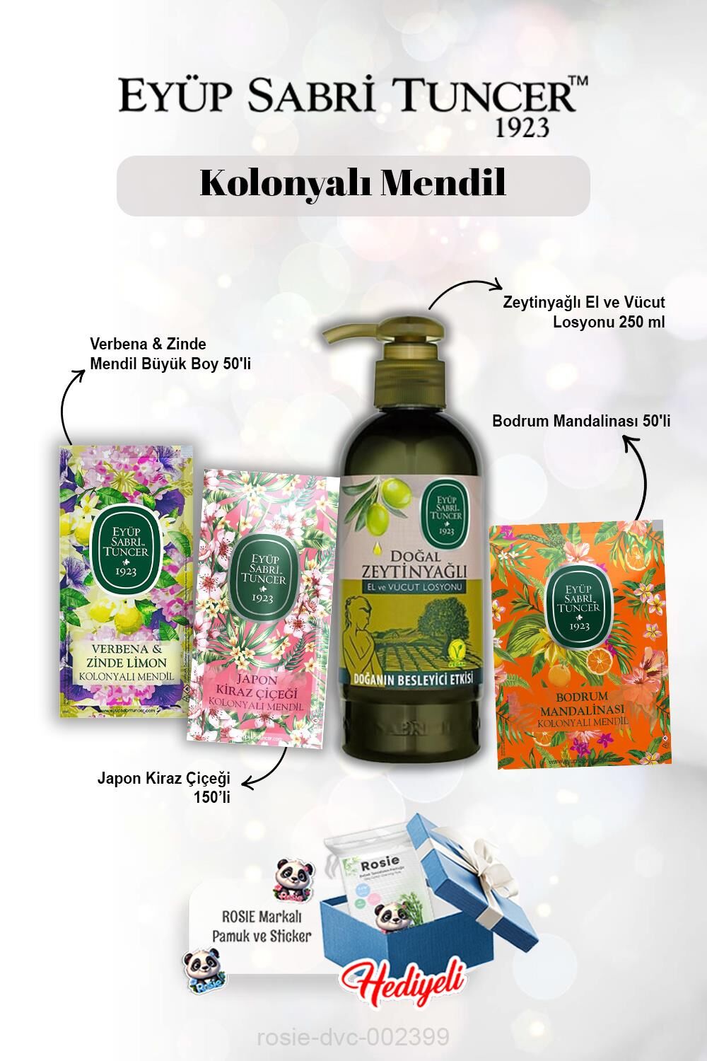 Kolonyalı Mendil Verbena 50'li, Kiraz Çiçeği 150'li, Mandalina 50'li, Zeytinyağlı Losyon 250 ml ve Rosie