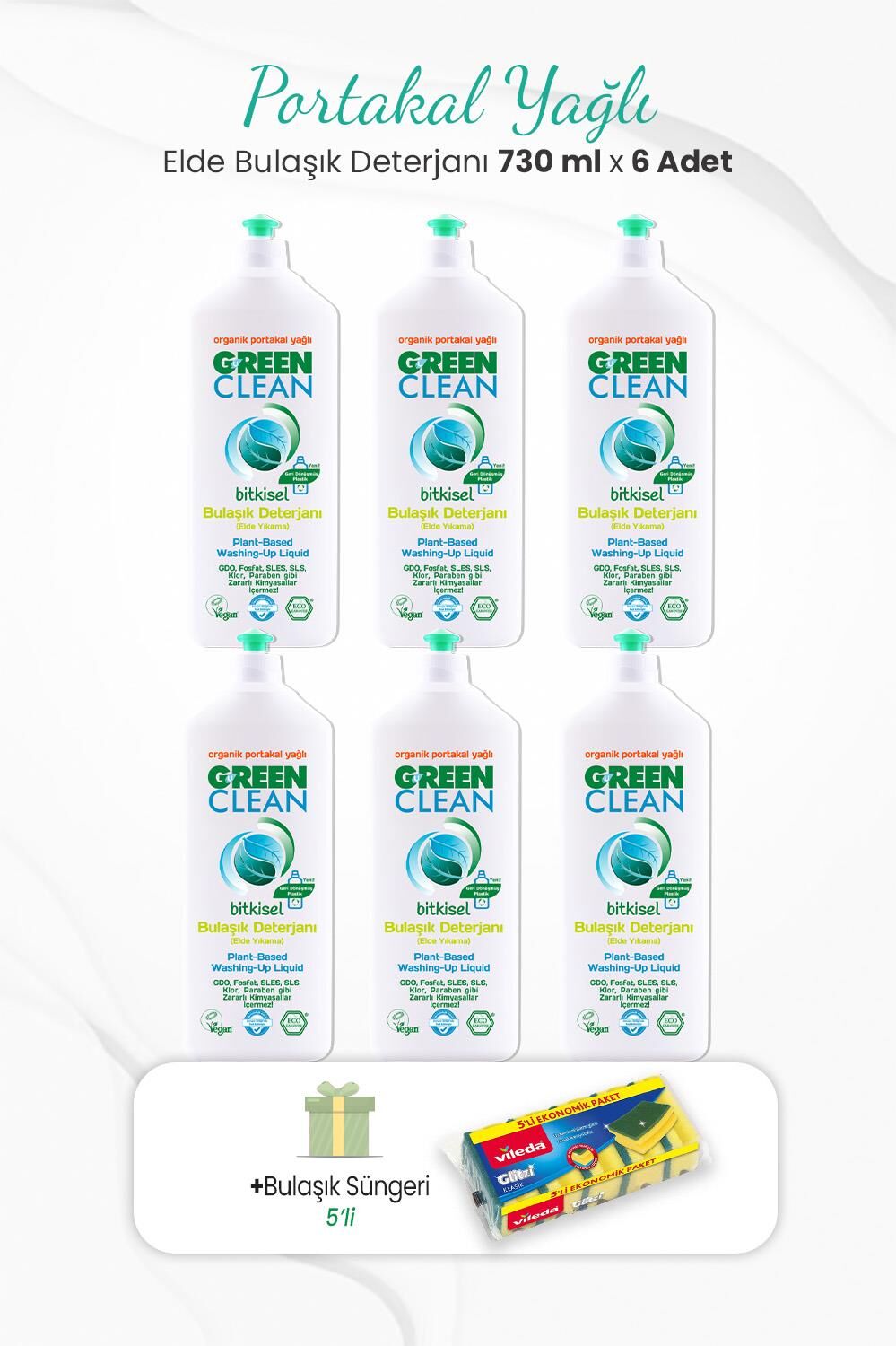 Green Clean 6'lı Elde Bulaşık Deterjanı Portakal Yağlı 730 ml ve Bulaşık Süngeri