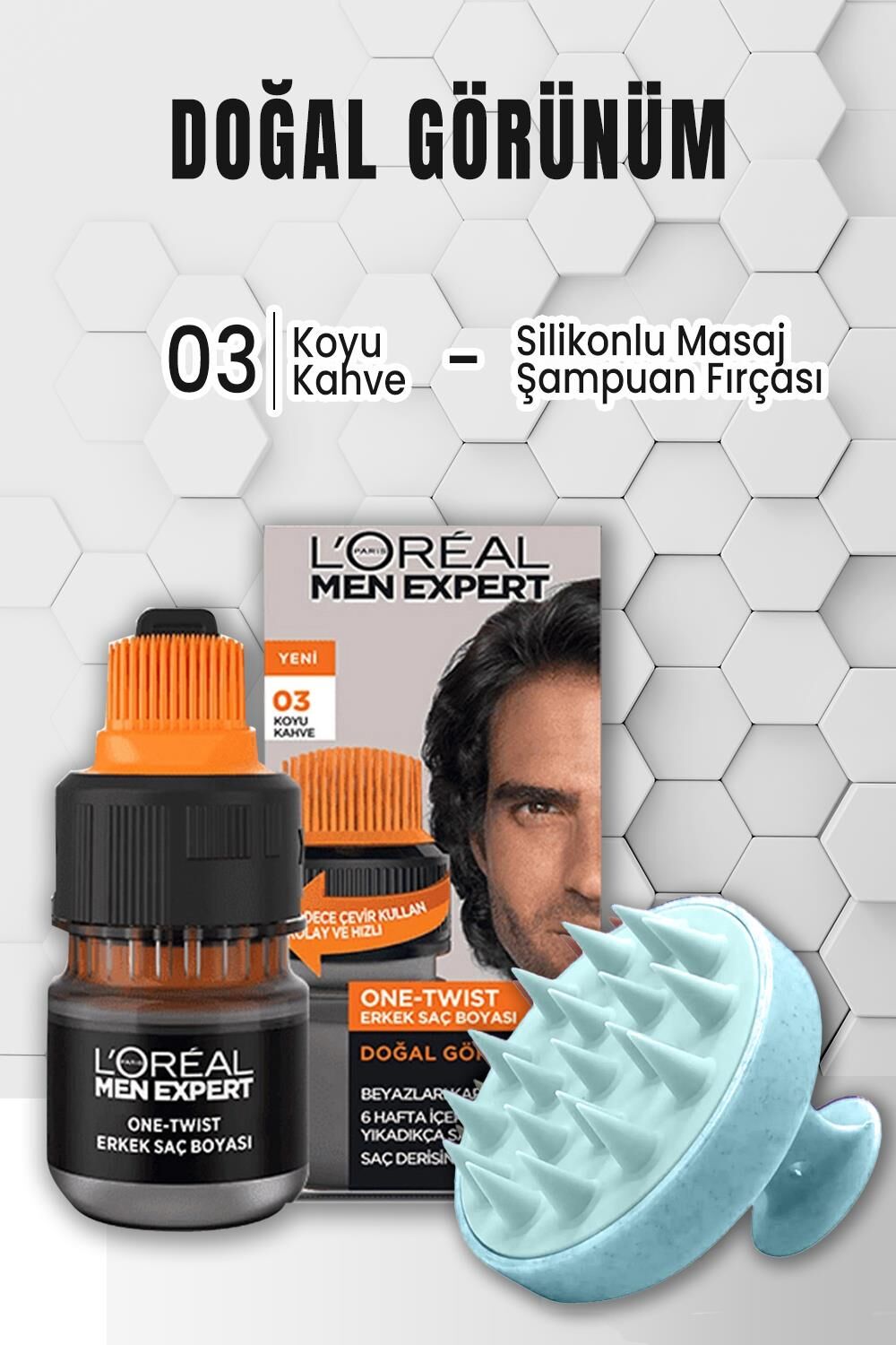 Loreal Paris Men Expert Erkek Saç Boyası 03 Koyu Kahve ve Şampuan Fırçası Mavi