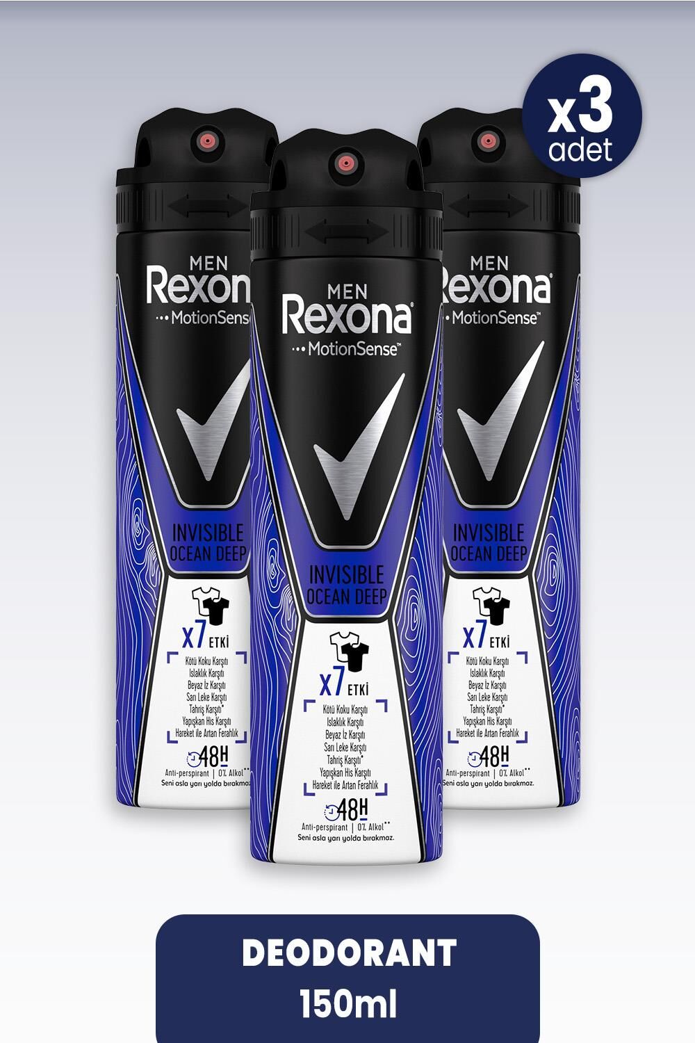 Rexona Men Sprey Deodorant Invisible Ocean Deep 150 ml x 3 Adet