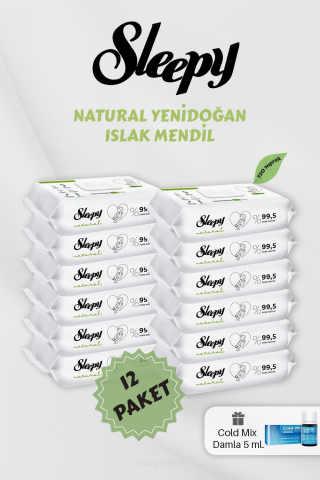 Natural 60' lı Yenidoğan Mendil 12 Paket, Mavi Cold Mix Hediyeli