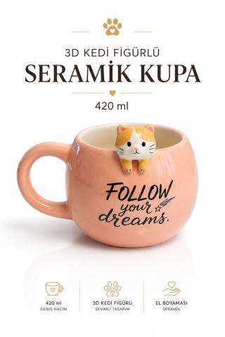 Pembe Renkli Kedi Figürlü Yazılı Kupa 420 ml