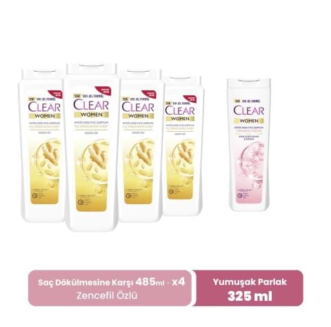 Clear Women Şampuan Zencefil Özlü 485 ml x 4 ve Yumuşak Parlak 325 ml